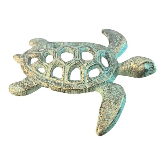 Cast Iron Sea Turtle Wall Decor With Patina Finish Nautical Theme Approx 6" X 6" - Picture 4 of 6